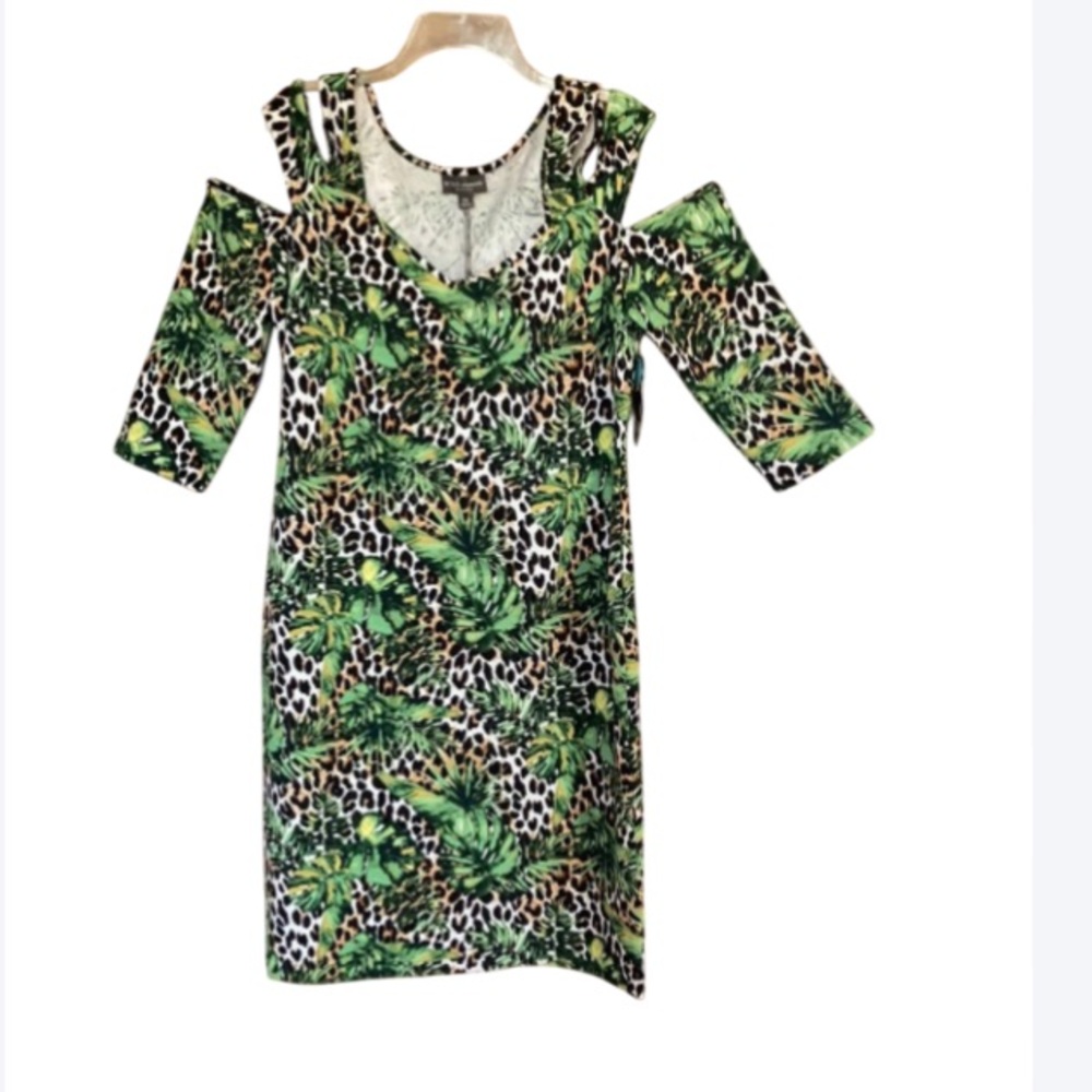 Bold Elements Cheetah tropical shoulder cut outs dress w stretch XXL - Picture 4 of 16